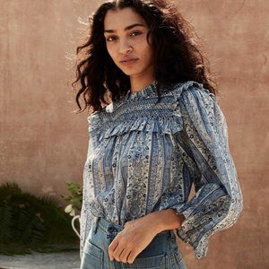 Doen Bridger Top, Blue Mandevilla Vine Floral Print, Size L